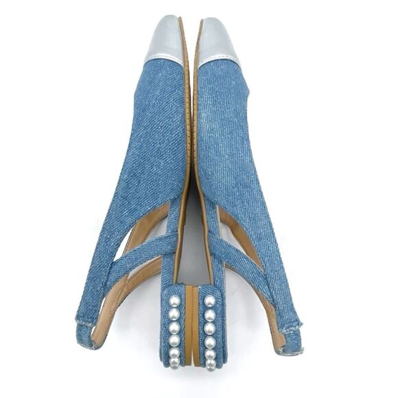 Stuart Weitzman Denim Pearl Slingback Flats Size 6 Silver Cap Toe Made in Spain - Picture 10 of 15